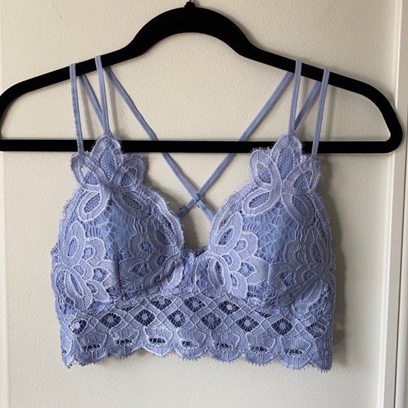 LACEY - Brunnera Purple Blue V Neck Criss Cross Back Lace Bralette - Picture 7 of 8